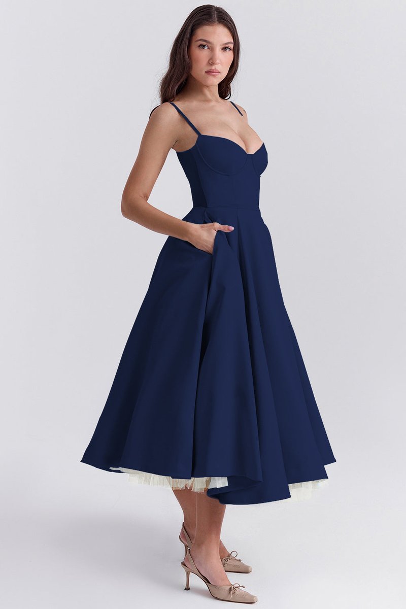 Women's Bustier Midi Flared Skirt Christmas Party Dress Pockets