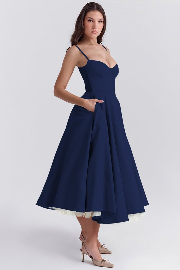 Women's Bustier Midi Flared Skirt Christmas Party Dress Pockets