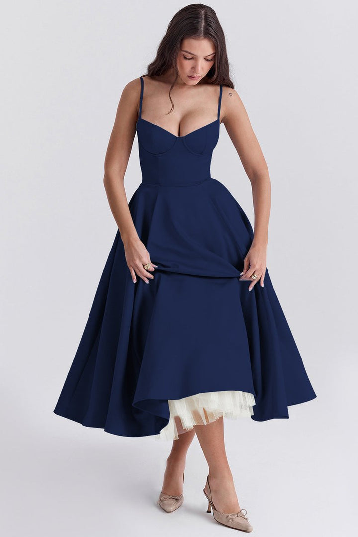 Women's Bustier Midi Flared Skirt Christmas Party Dress Pockets