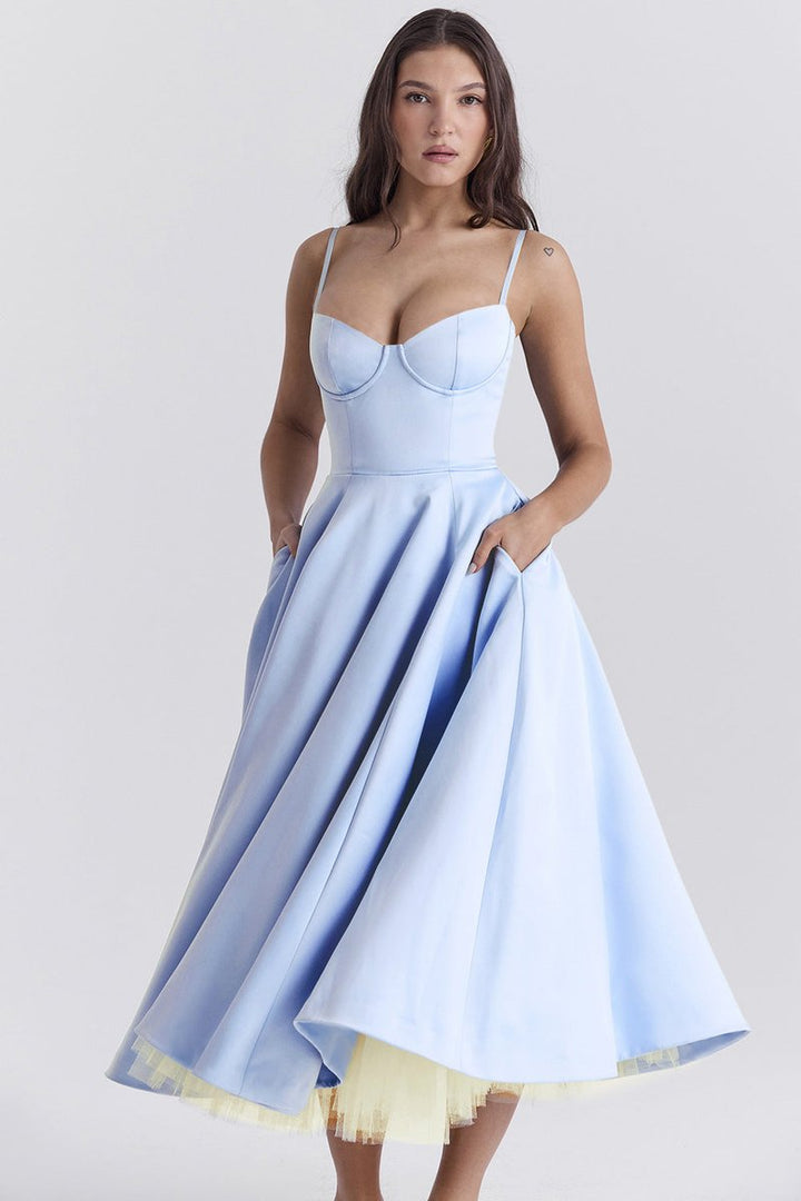 Women's Bustier Midi Flared Skirt Christmas Party Dress Pockets