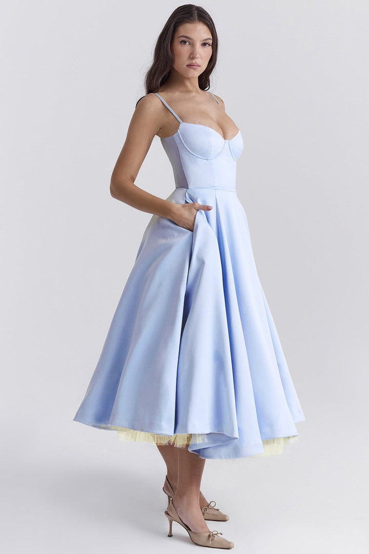 Women's Bustier Midi Flared Skirt Christmas Party Dress Pockets