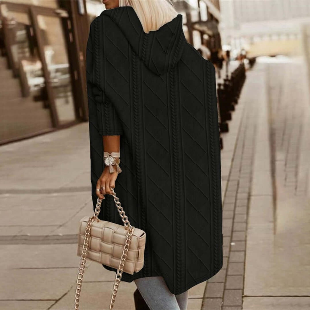 Women's Cable-Knit Hooded Long Coat Loose Fit Cardigan