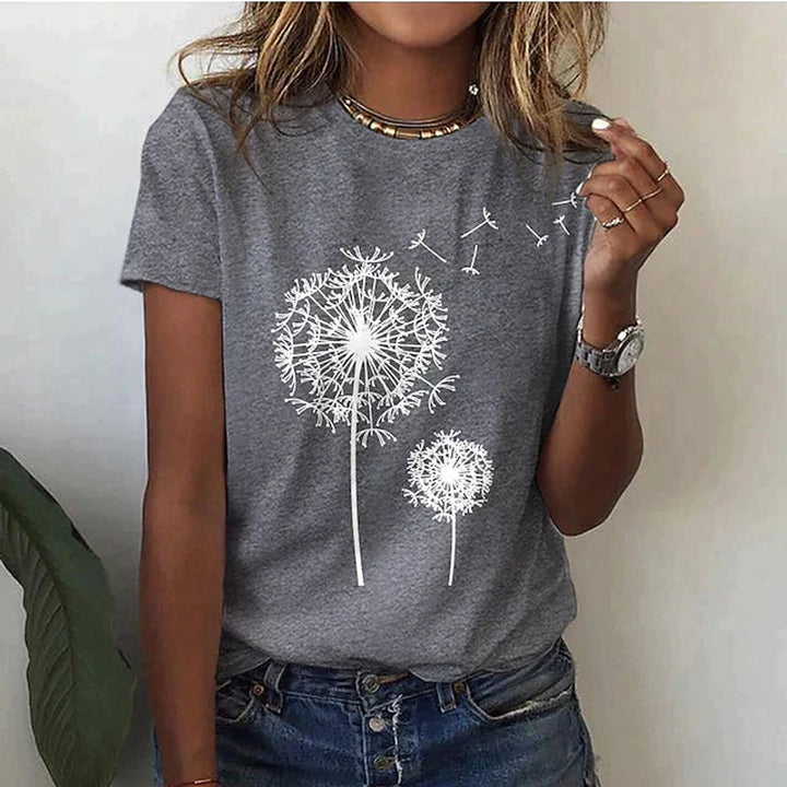 Women's Casual Floral Blouse Dandelion Print Round-Neck T-Shirt