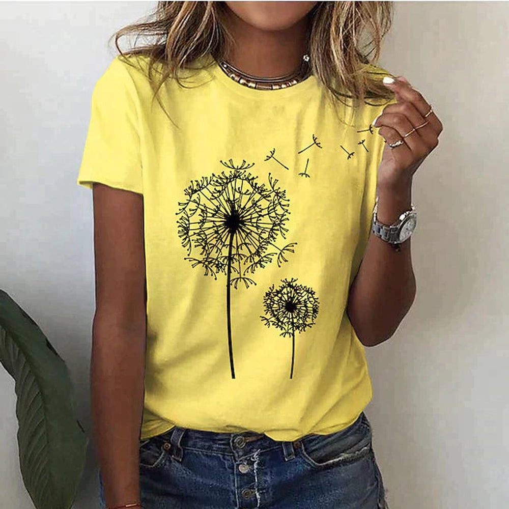 Women's Casual Floral Blouse Dandelion Print Round-Neck T-Shirt