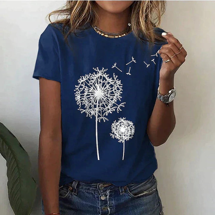 Women's Casual Floral Blouse Dandelion Print Round-Neck T-Shirt