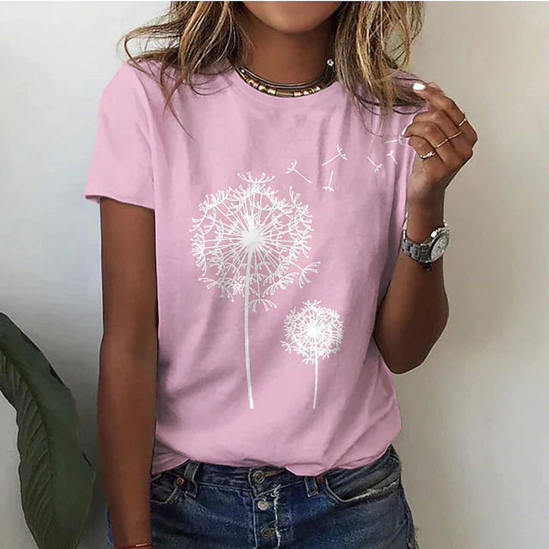Women's Casual Floral Blouse Dandelion Print Round-Neck T-Shirt