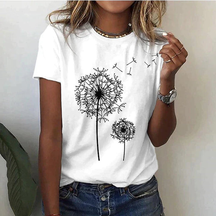 Women's Casual Floral Blouse Dandelion Print Round-Neck T-Shirt
