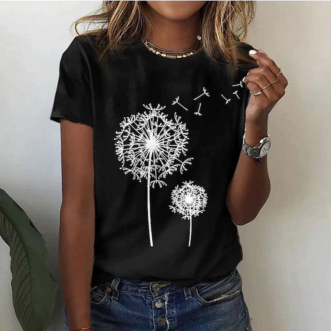 Women's Casual Floral Blouse Dandelion Print Round-Neck T-Shirt