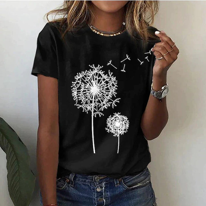 Women's Casual Floral Blouse Dandelion Print Round-Neck T-Shirt