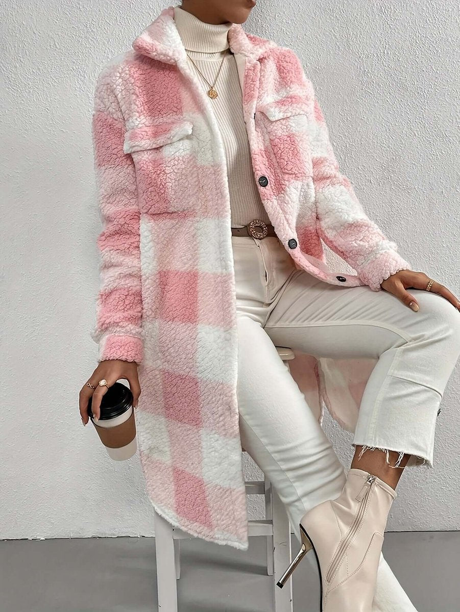 Women's Checked Teddy Fleece Long Coat Warm Winter Outerwear