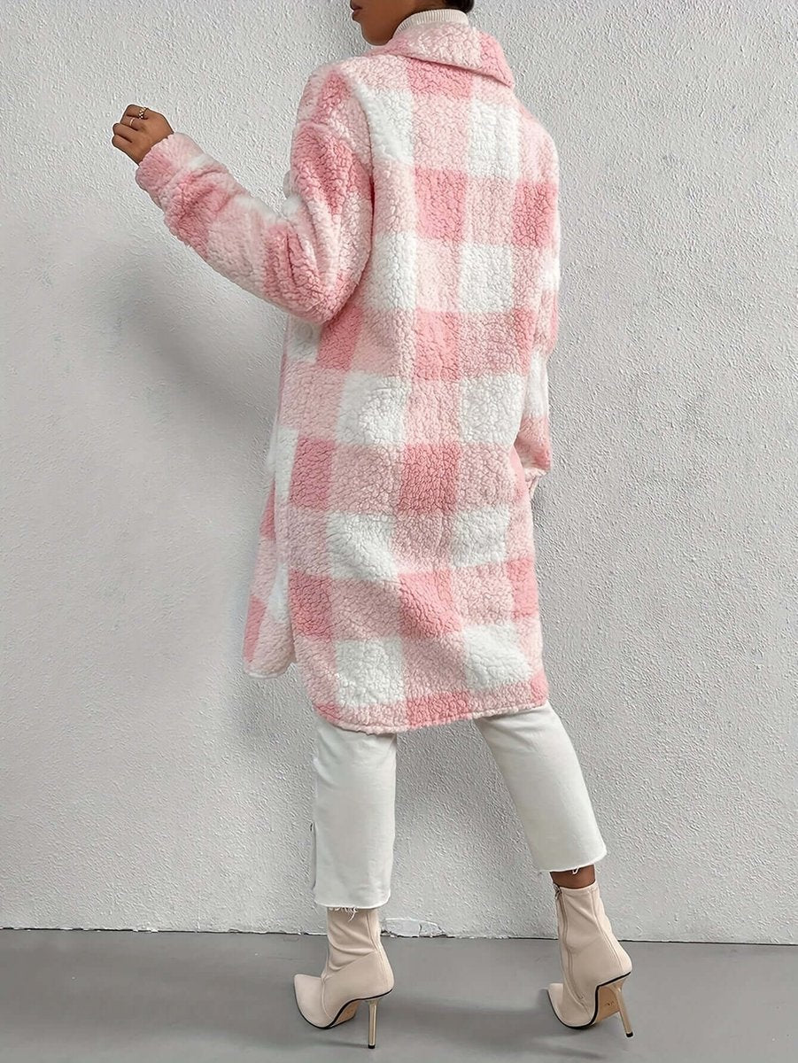 Women's Checked Teddy Fleece Long Coat Warm Winter Outerwear