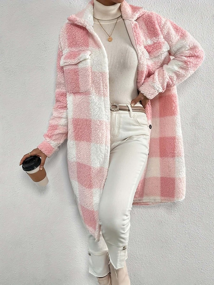 Women's Checked Teddy Fleece Long Coat Warm Winter Outerwear