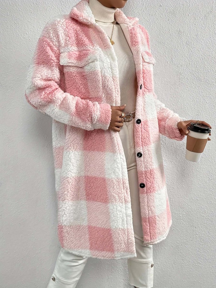 Women's Checked Teddy Fleece Long Coat Warm Winter Outerwear