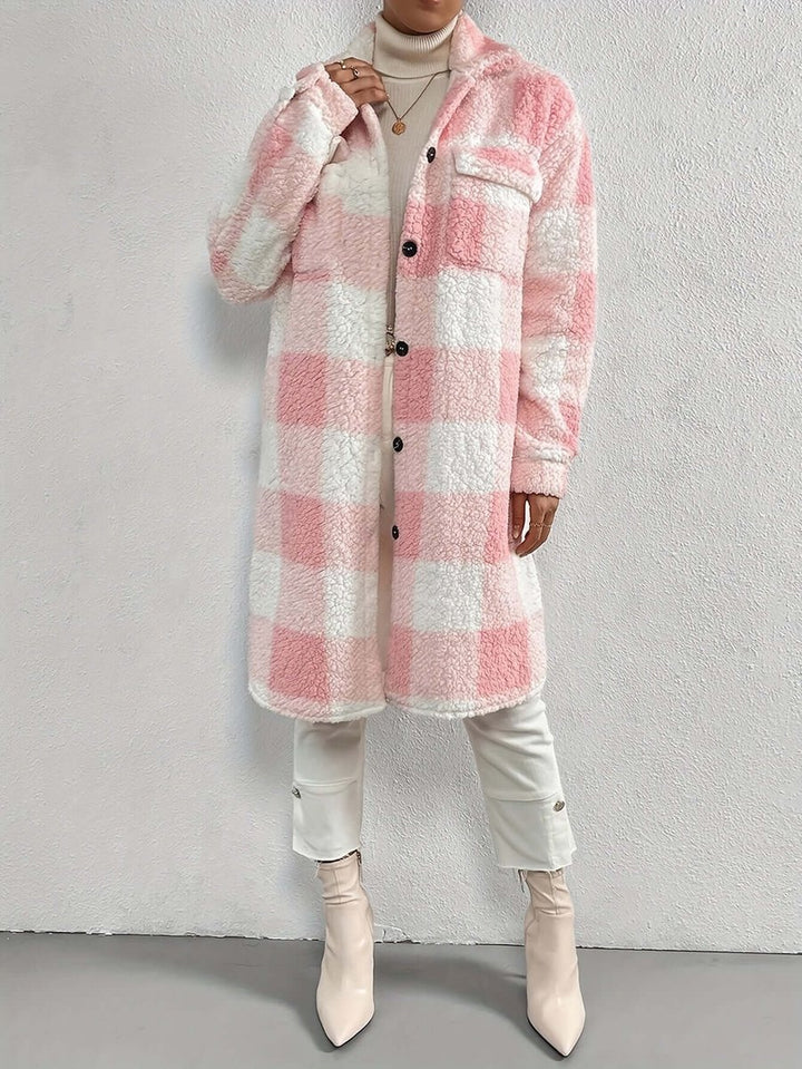 Women's Checked Teddy Fleece Long Coat Warm Winter Outerwear