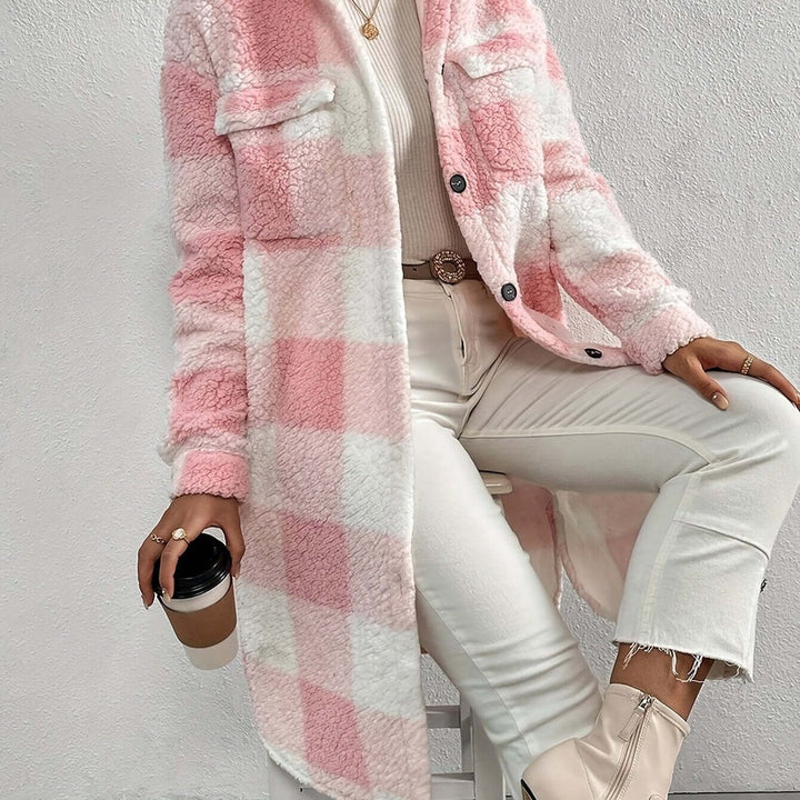 Women's Checked Teddy Fleece Long Coat Warm Winter Outerwear