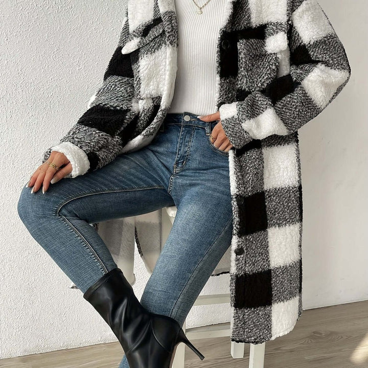 Women's Checked Teddy Fleece Long Coat Warm Winter Outerwear