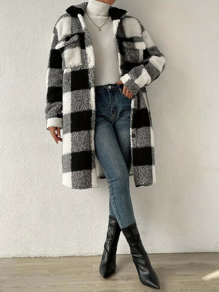 Women's Checked Teddy Fleece Long Coat Warm Winter Outerwear