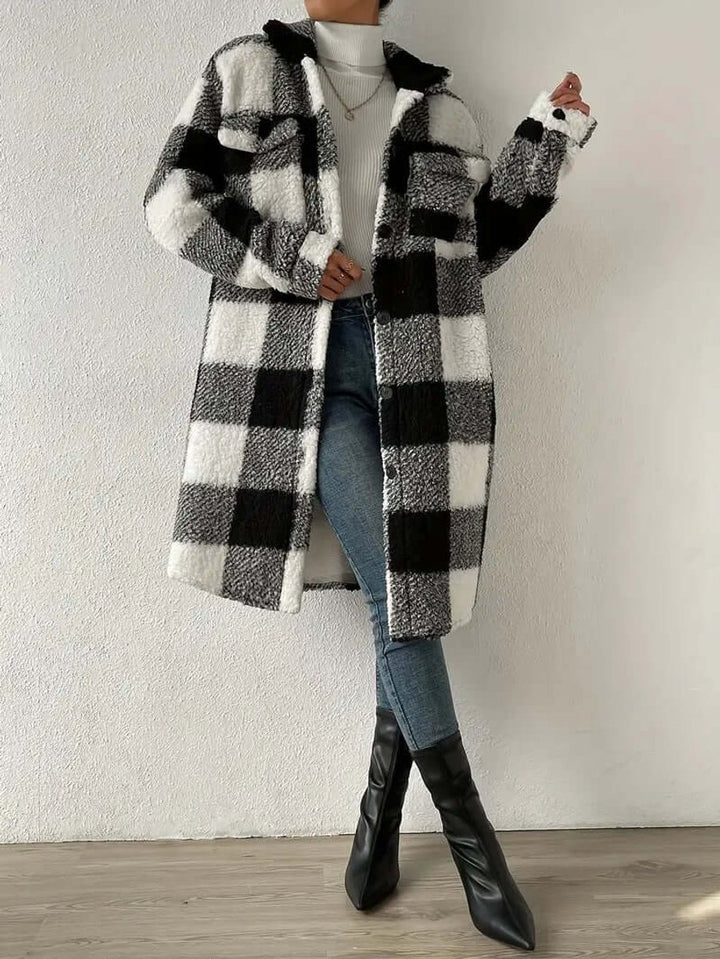 Women's Checked Teddy Fleece Long Coat Warm Winter Outerwear