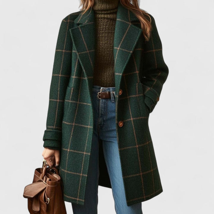 Women's Checked Wool Coat Ladies Long Tailored Outerwear Coat