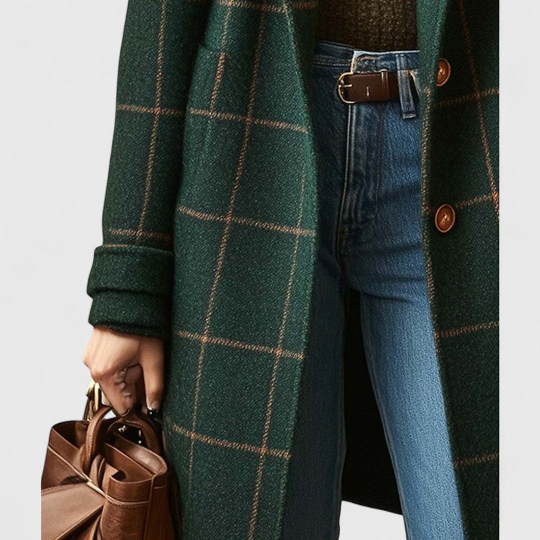 Women's Checked Wool Coat Ladies Long Tailored Outerwear Coat