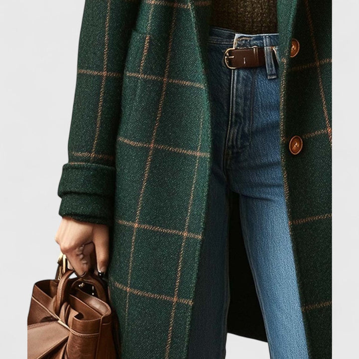 Women's Checked Wool Coat Ladies Long Tailored Outerwear Coat