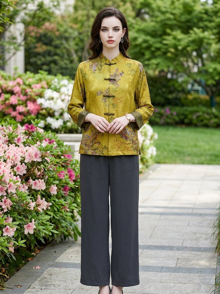 Women's Chinese-Style Mandarin Collar Floral Satin Coat