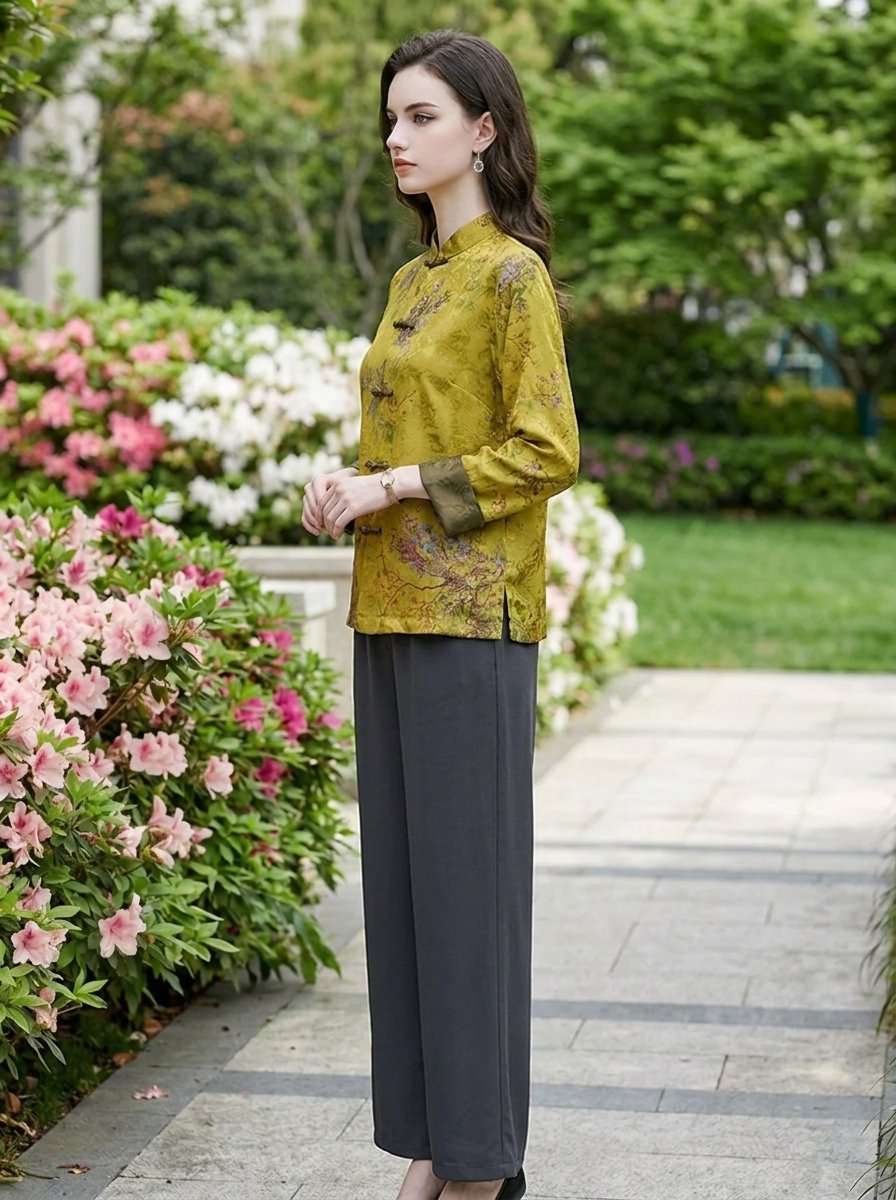 Women's Chinese-Style Mandarin Collar Floral Satin Coat