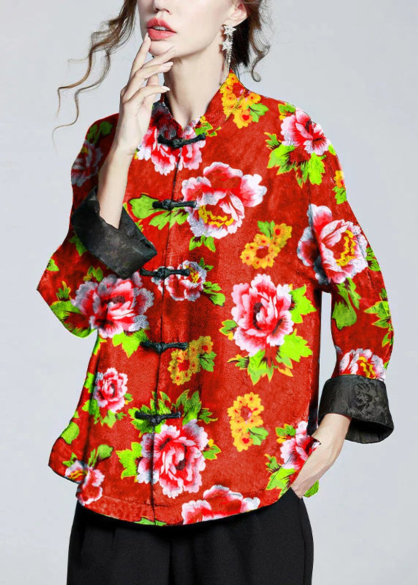 Women's Chinese-Style Mandarin Collar Floral Satin Coat