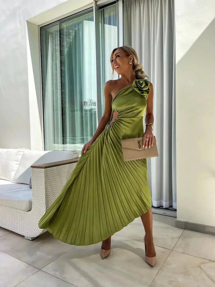 Women's Christmas Party Dress Asymmetric Pleated Midi Rose Cut-Out