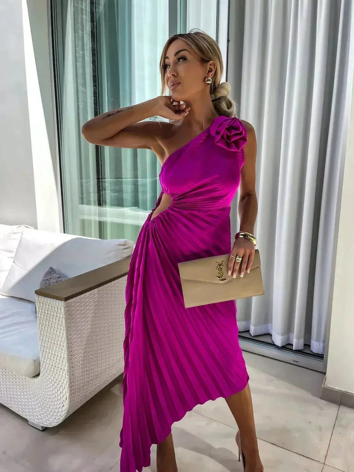 Women's Christmas Party Dress Asymmetric Pleated Midi Rose Cut-Out