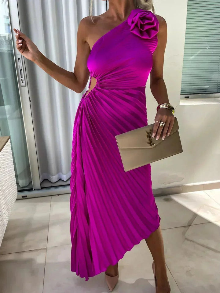Women's Christmas Party Dress Asymmetric Pleated Midi Rose Cut-Out