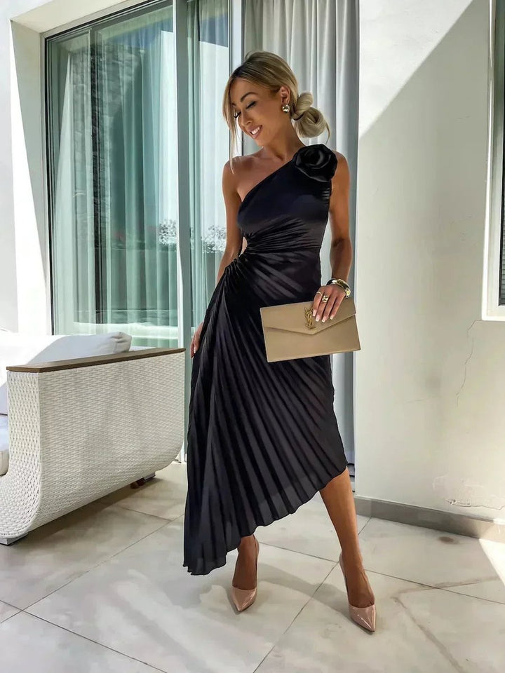 Women's Christmas Party Dress Asymmetric Pleated Midi Rose Cut-Out