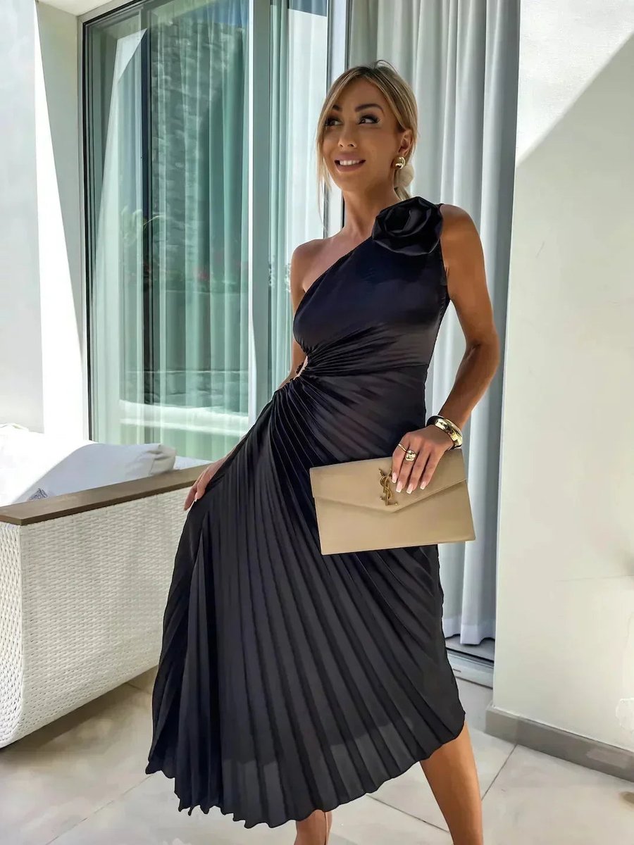 Women's Christmas Party Dress Asymmetric Pleated Midi Rose Cut-Out