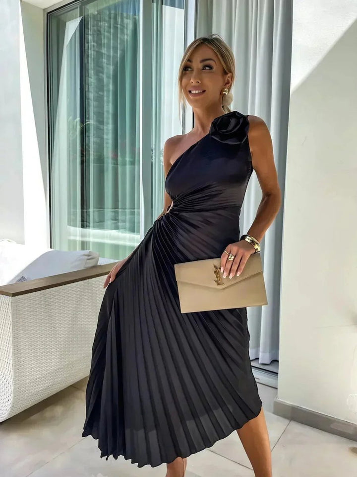 Women's Christmas Party Dress Asymmetric Pleated Midi Rose Cut-Out