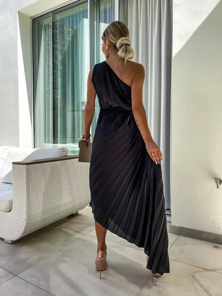 Women's Christmas Party Dress Asymmetric Pleated Midi Rose Cut-Out