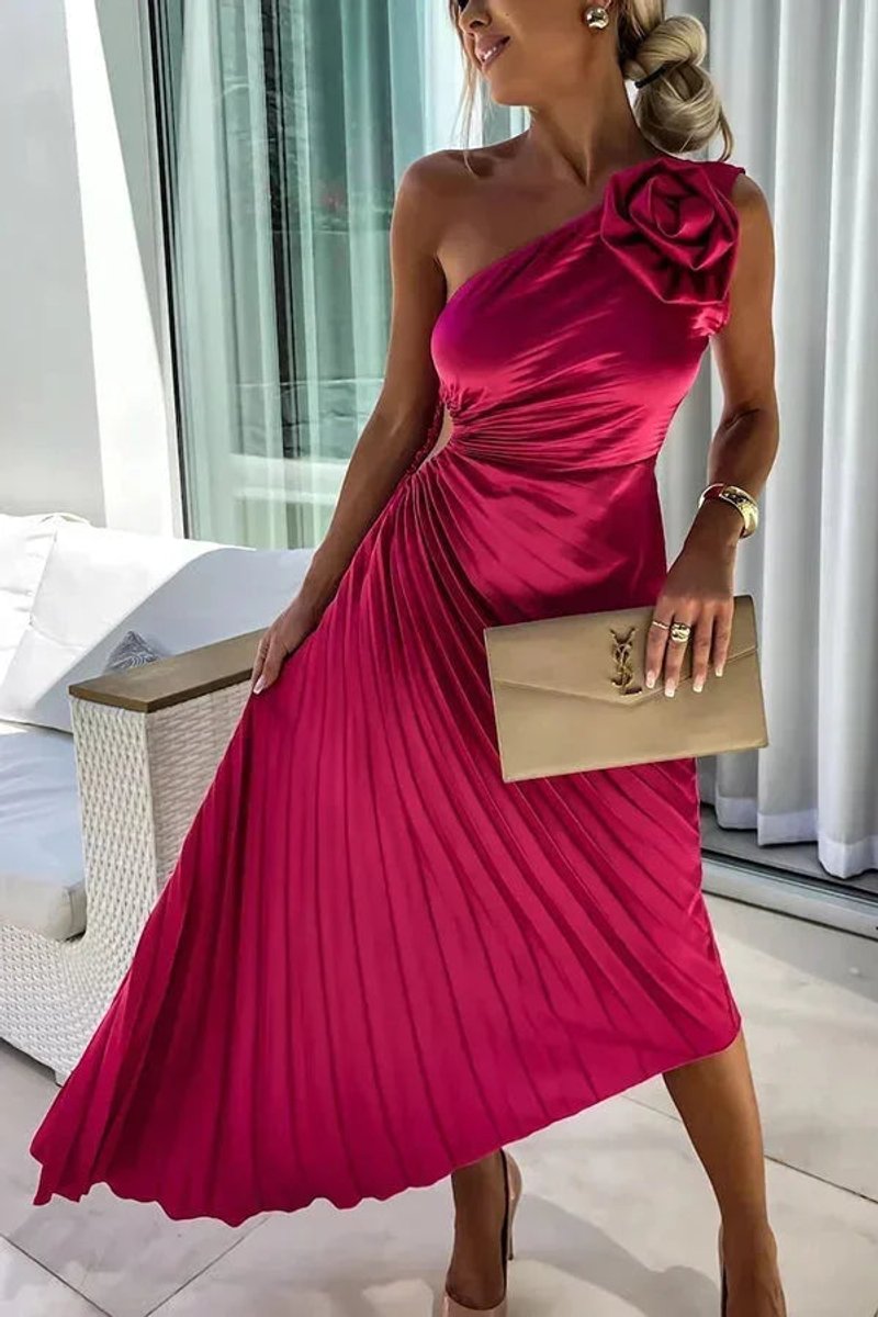 Women's Christmas Party Dress Asymmetric Pleated Midi Rose Cut-Out