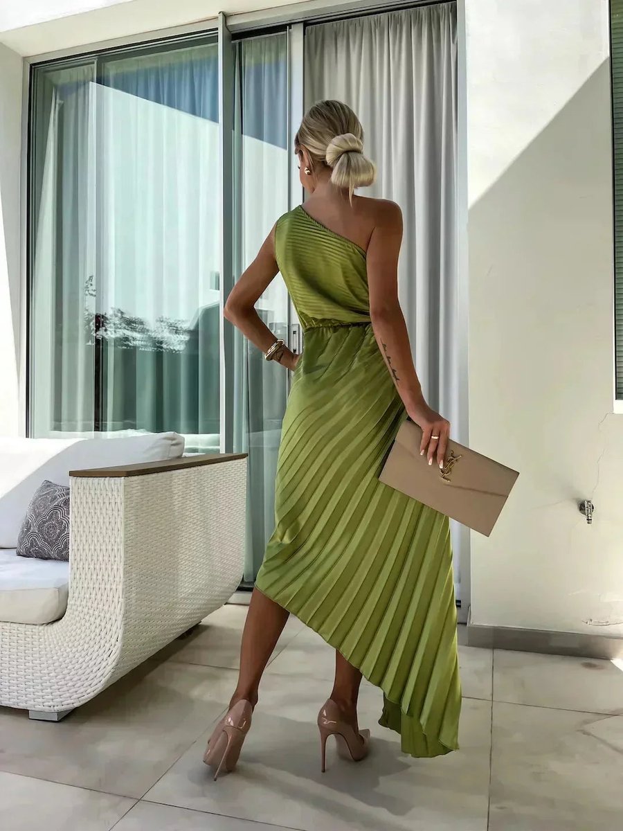Women's Christmas Party Dress Asymmetric Pleated Midi Rose Cut-Out