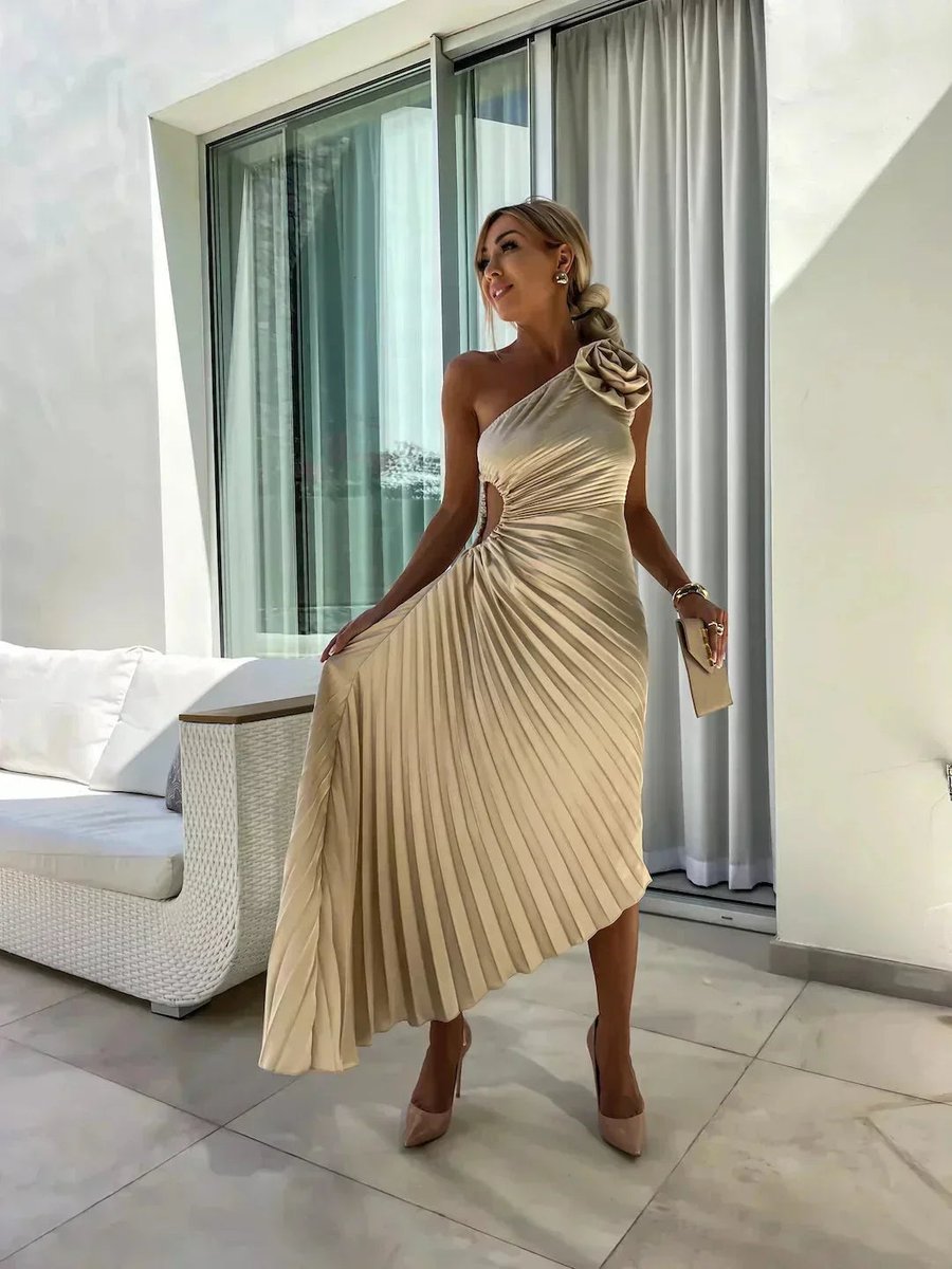 Women's Christmas Party Dress Asymmetric Pleated Midi Rose Cut-Out