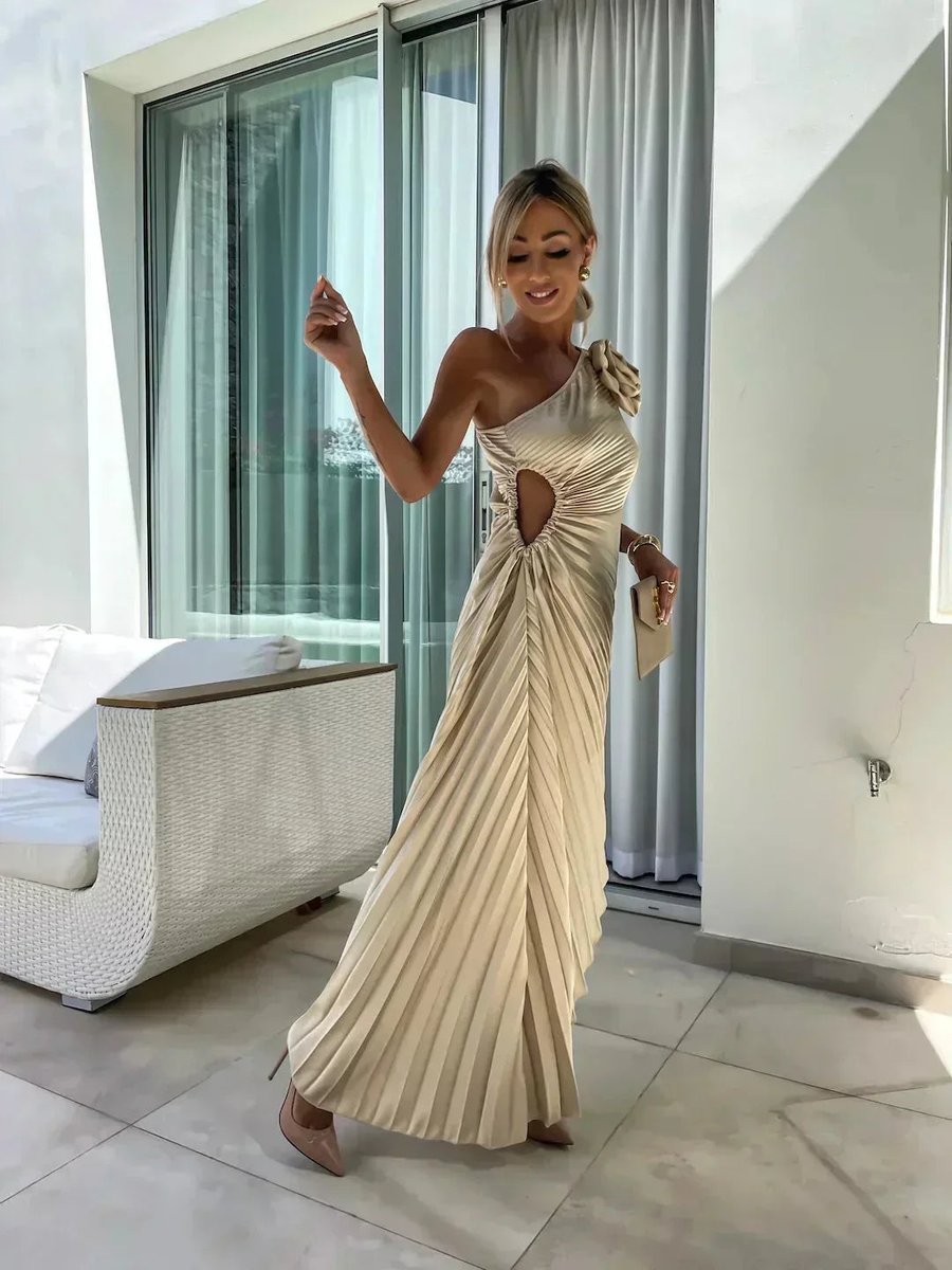 Women's Christmas Party Dress Asymmetric Pleated Midi Rose Cut-Out