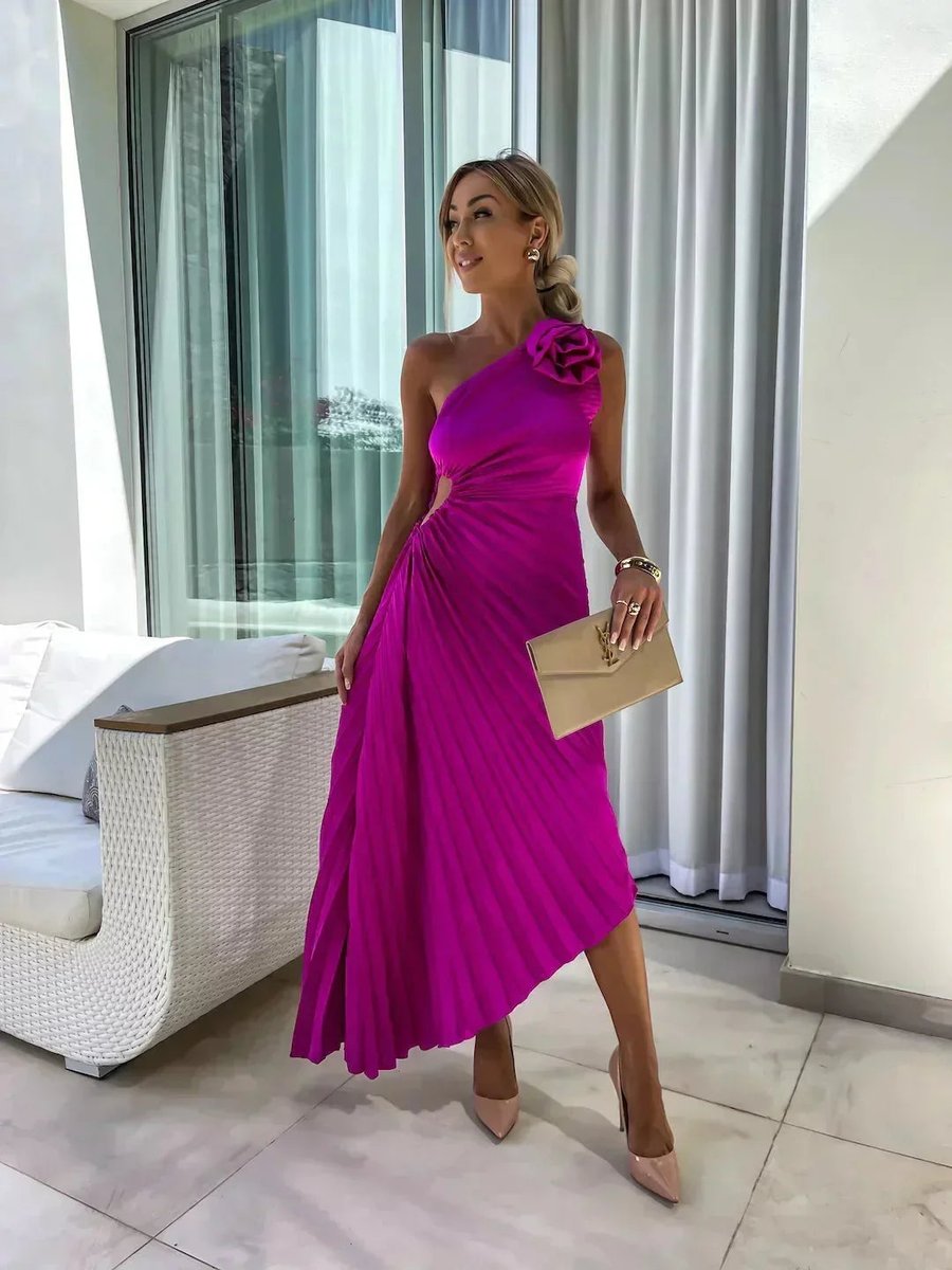 Women's Christmas Party Dress Asymmetric Pleated Midi Rose Cut-Out