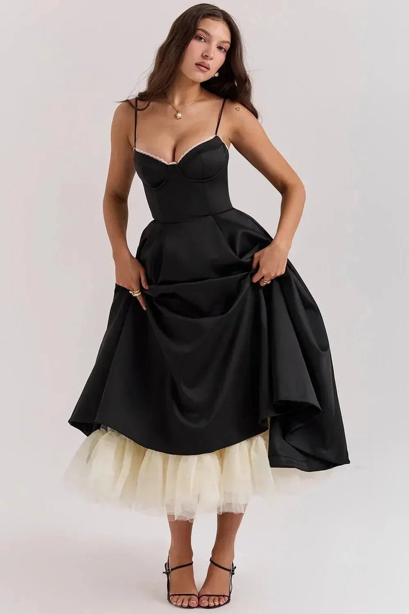 Women's Christmas Party Dress Black Satin Corset Midi Tulle Hem