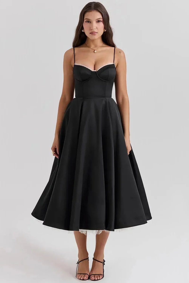 Women's Christmas Party Dress Black Satin Corset Midi Tulle Hem