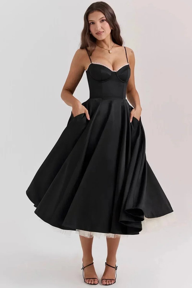 Women's Christmas Party Dress Black Satin Corset Midi Tulle Hem