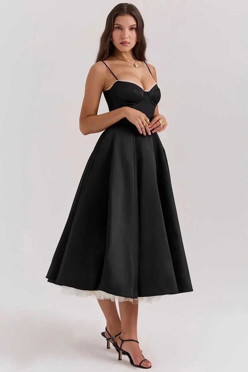 Women's Christmas Party Dress Black Satin Corset Midi Tulle Hem