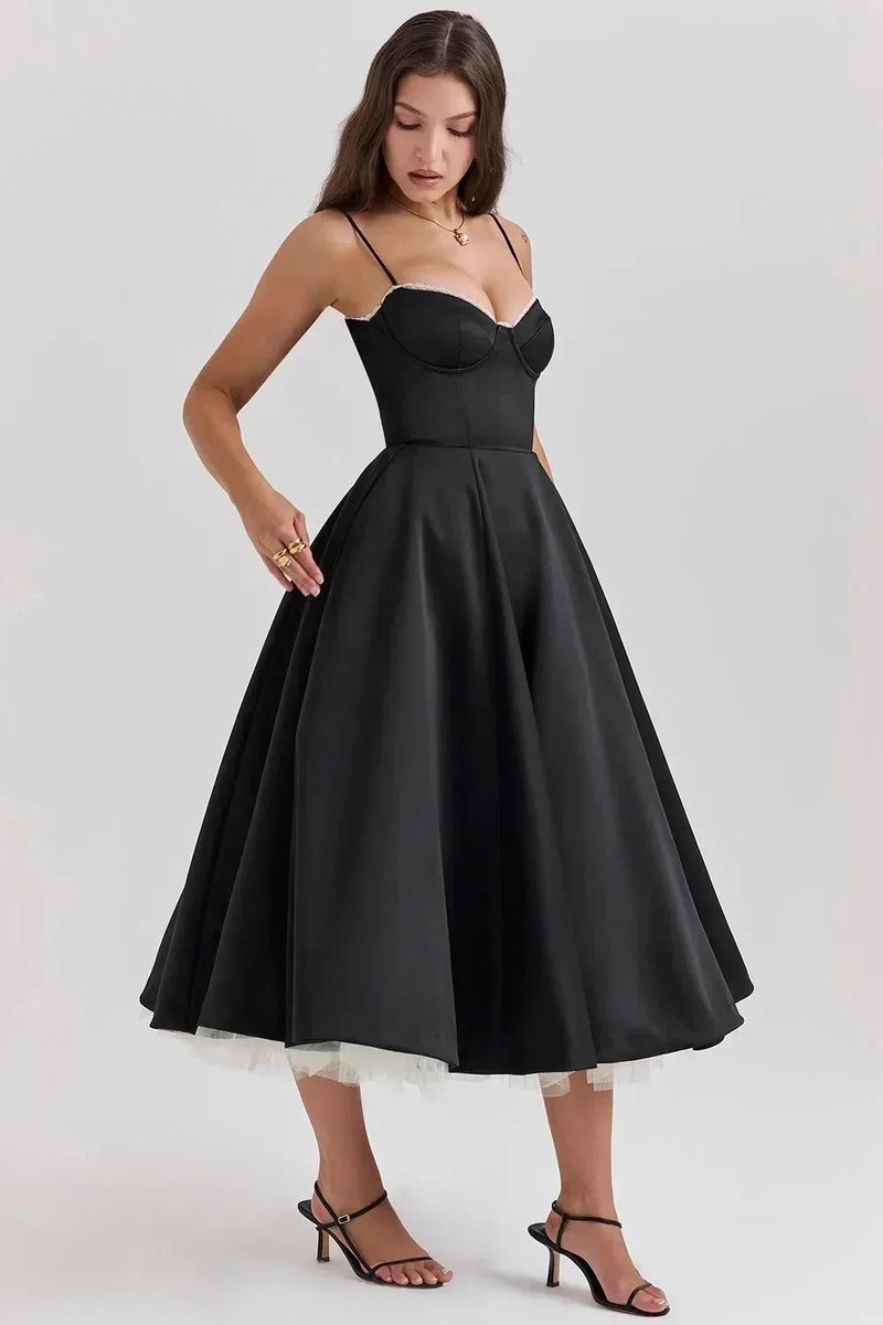 Women's Christmas Party Dress Black Satin Corset Midi Tulle Hem