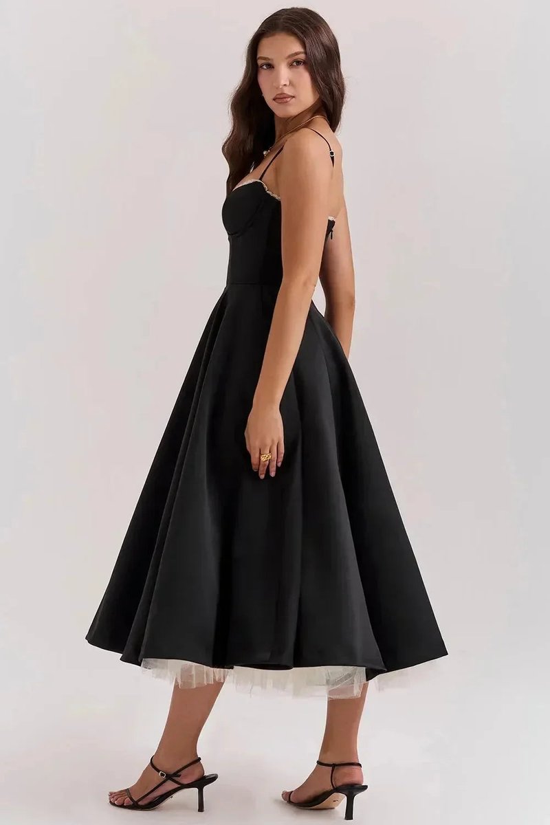 Women's Christmas Party Dress Black Satin Corset Midi Tulle Hem
