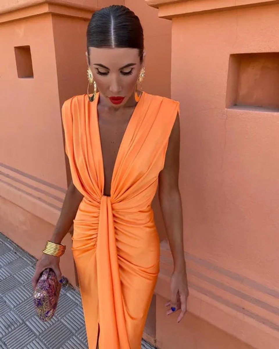 Women's Christmas Party Dress Deep V-Neck Draped Midi Slit