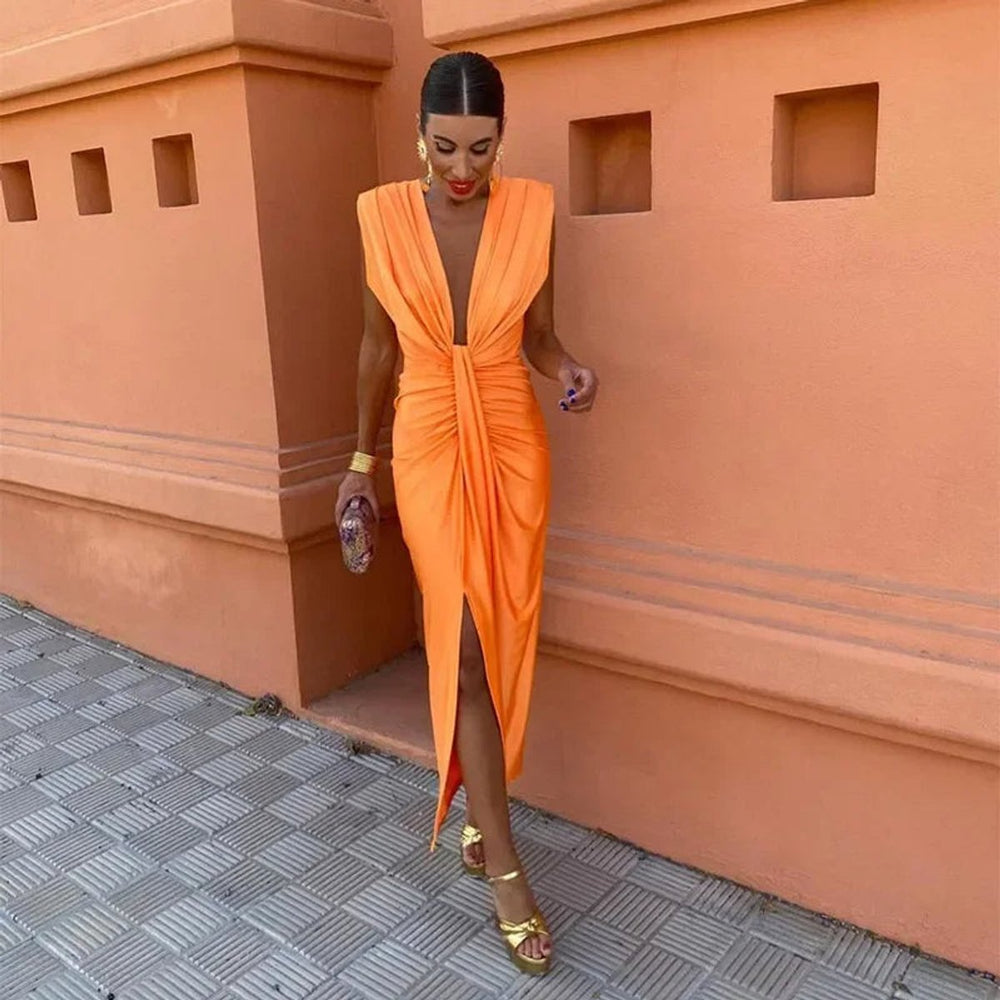 Women's Christmas Party Dress Deep V-Neck Draped Midi Slit