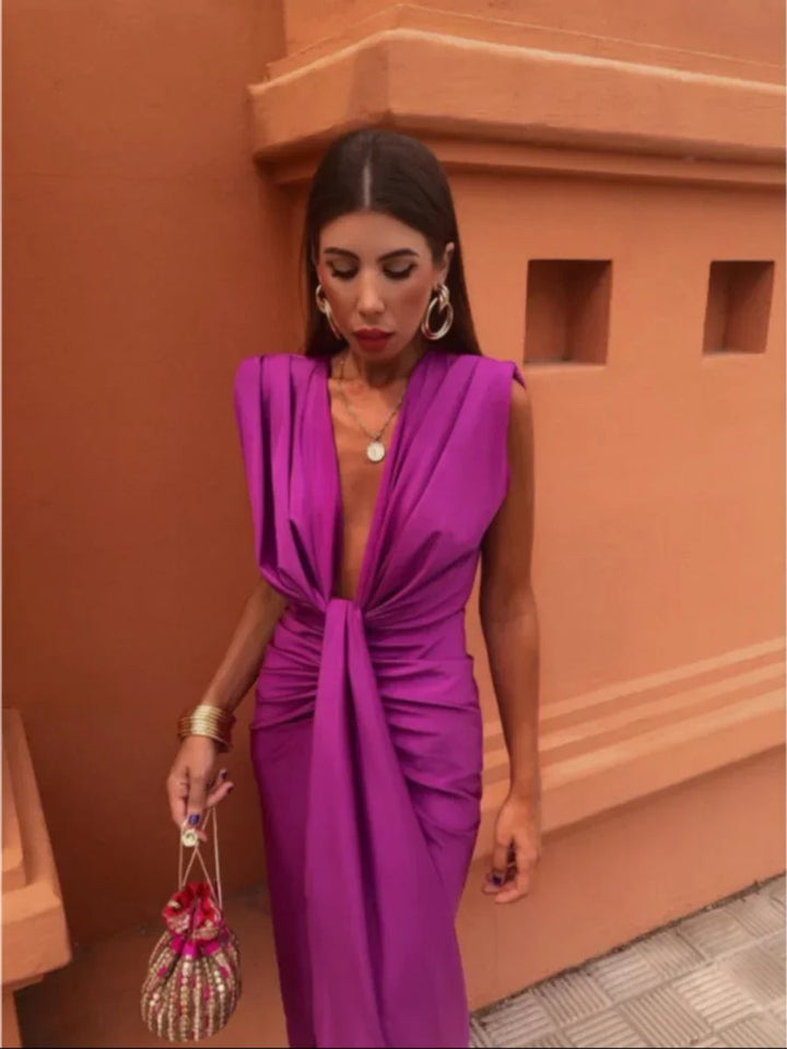 Women's Christmas Party Dress Deep V-Neck Draped Midi Slit