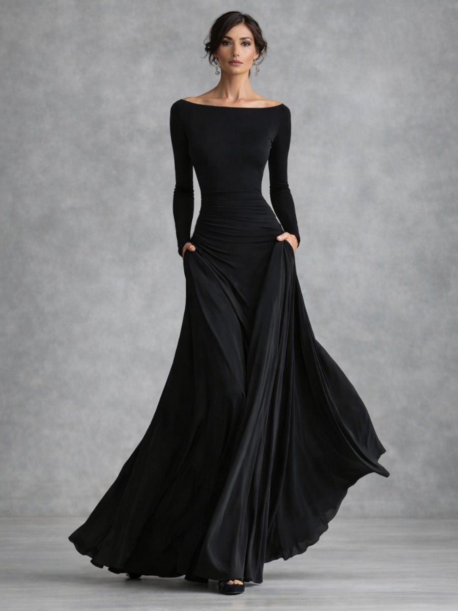 Women's Christmas Party Dress Draped Boat-Neck Long-Sleeve Maxi Dress